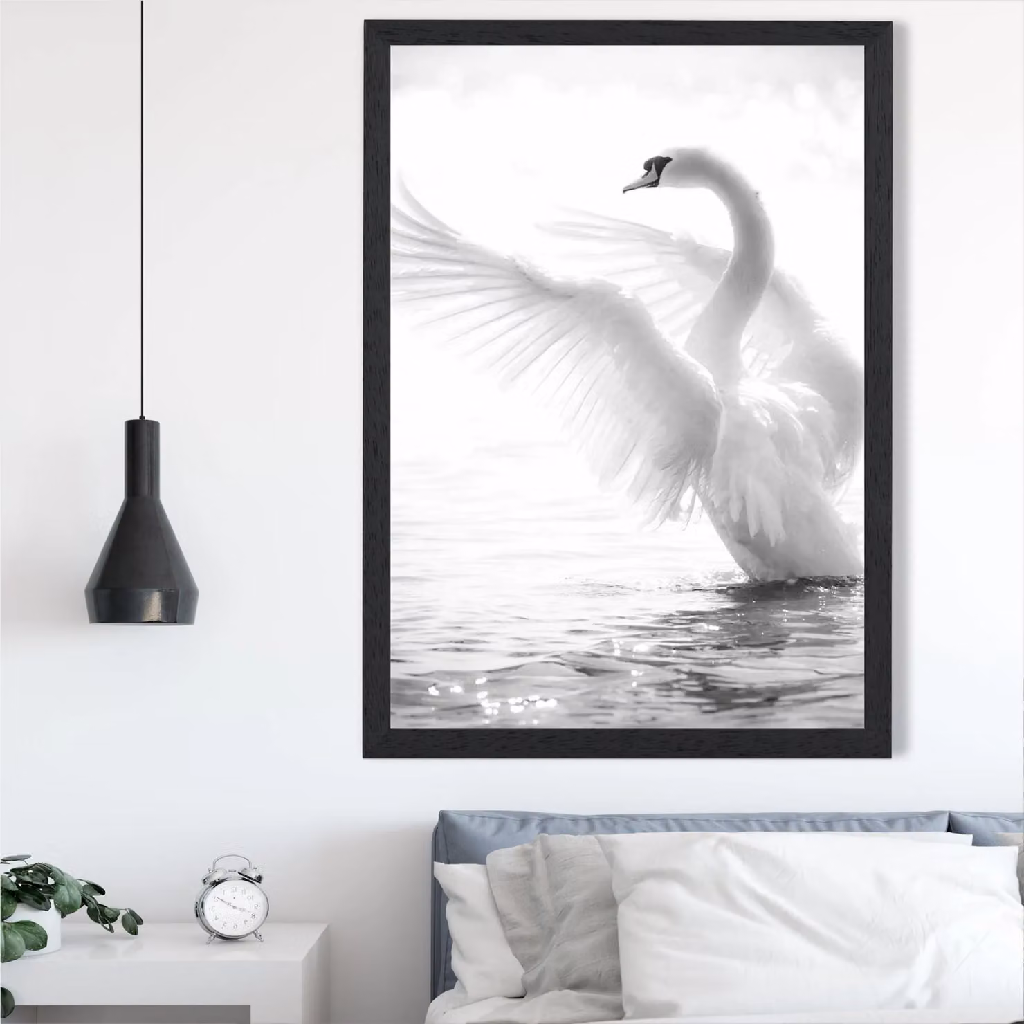 ARTZE Graceful Swan Bird Black and White Framed Photo Print with Black Frame, A4 – 2