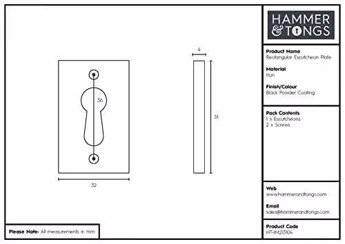 Hammer and Tongs Matt Black Iron Rectangular Escutcheon Plate, Pack of 10, W: 30 mm x H: 50 mm – 4