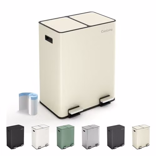 CozyLiving Premium Stainless Steel Dual Compartment Pedal Bin with Soft-Close Lid and Removable Inner Buckets, Beige, 30L+30L