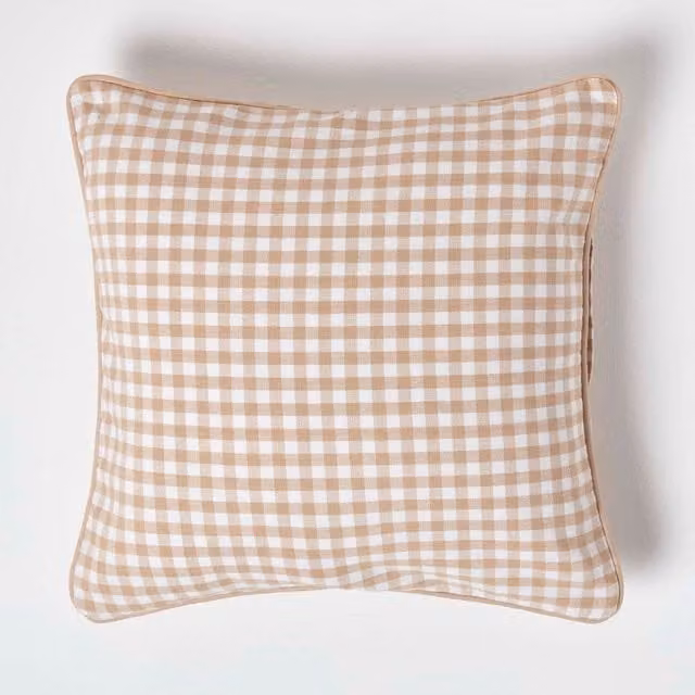 Homescapes Cotton Gingham Check Cushion Cover in Beige and Brown, W/D/H: 45 x 45 x 45 cm