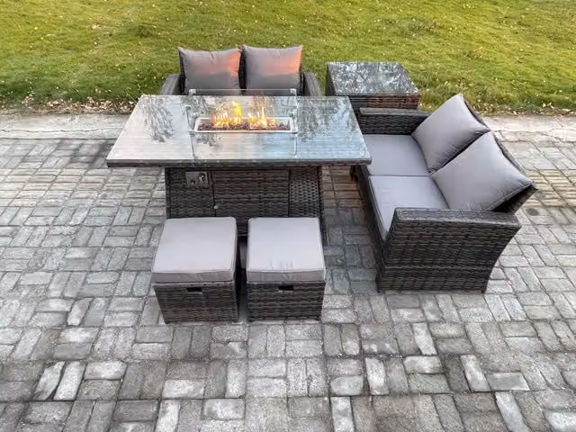 Fimous 6 Piece Poly Rattan Garden Furniture Set with Gas Firepit Dining Table, Sofa, Side Table and 2 Footstools in Dark Grey