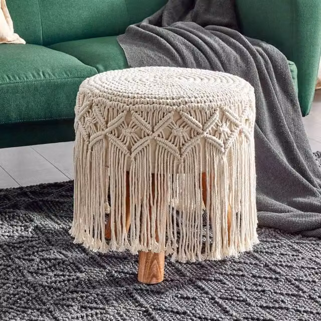 Wyld and Coco Beige Handwoven Macramé Cotton Pouffe with Wooden Legs W/D/H: 40 x 40 x 50 cm