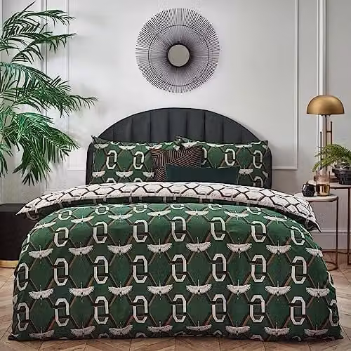 Furn Avalon Reversible Art Deco Geometric Duvet Cover and Pillowcase Set in Green and White, W/D/H: 180 x 200 cm