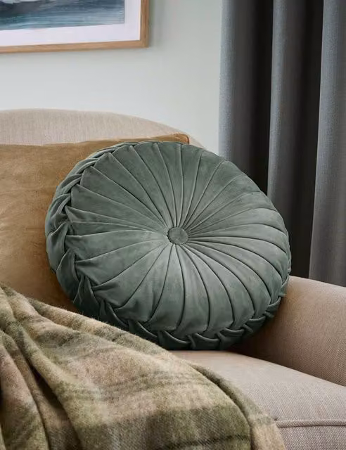 Laura Ashley Rosanna Round Pleated Velvet Cushion in Dark Green
