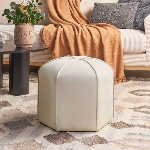 Wyld and Coco Velvet Round Pouffe, Beige, Diameter: 45 cm, Height: 40 cm – 1