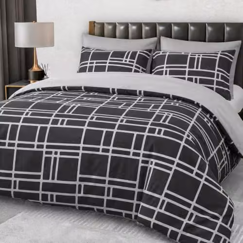 Pamposh Super King Duvet Set, 3-Piece Reversible Brushed Microfibre Bedding Set in Black and Grey, W/D/H: 180 x 200 cm with 50 x 75 cm Pillowcases