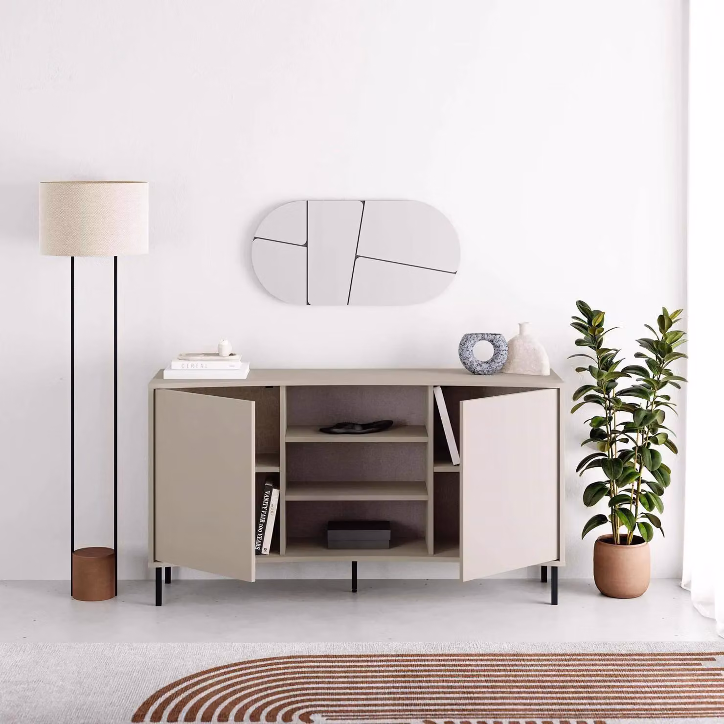 FWStyle Sandstone Large 2 Door Curved Modern Sideboard in Beige and Black – 2