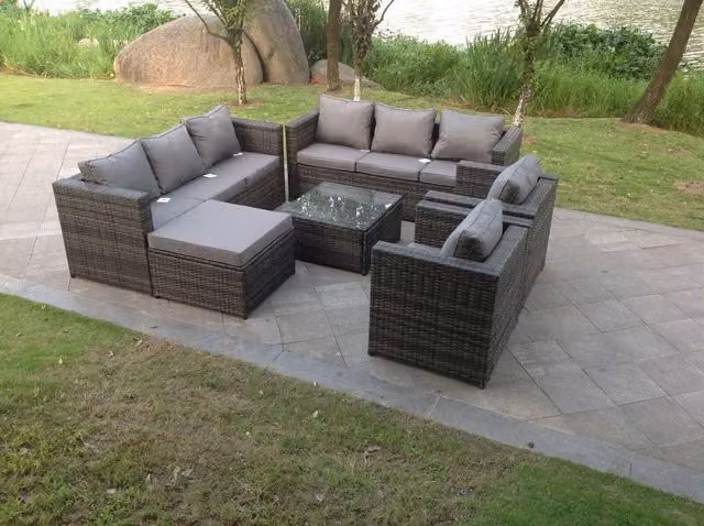 Fimous 9 Seater Grey Mixed Rattan Garden Furniture Set with Upholstered Cushions, Coffee Table and Ottoman