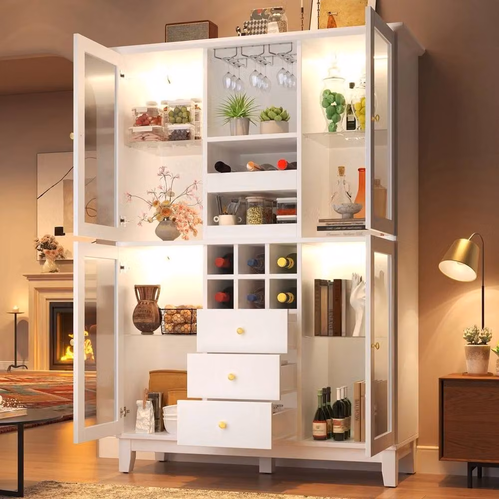PAWNORA Modern White Matt Display Cabinet with Glass Doors, Integrated Lighting and Bottle Rack, H 180.5 x W 120.0 cm – 4