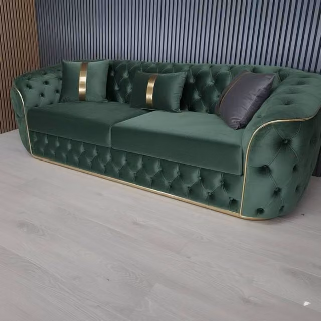 Stratus Interiors Ambassador Chesterfield Sofa in Green Velvet with Gold Trim