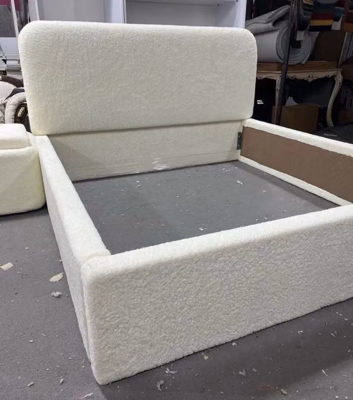 HOB Furniture Lucian Curved King Size Bed in Cream Oat Boucle Teddy Fabric – 3