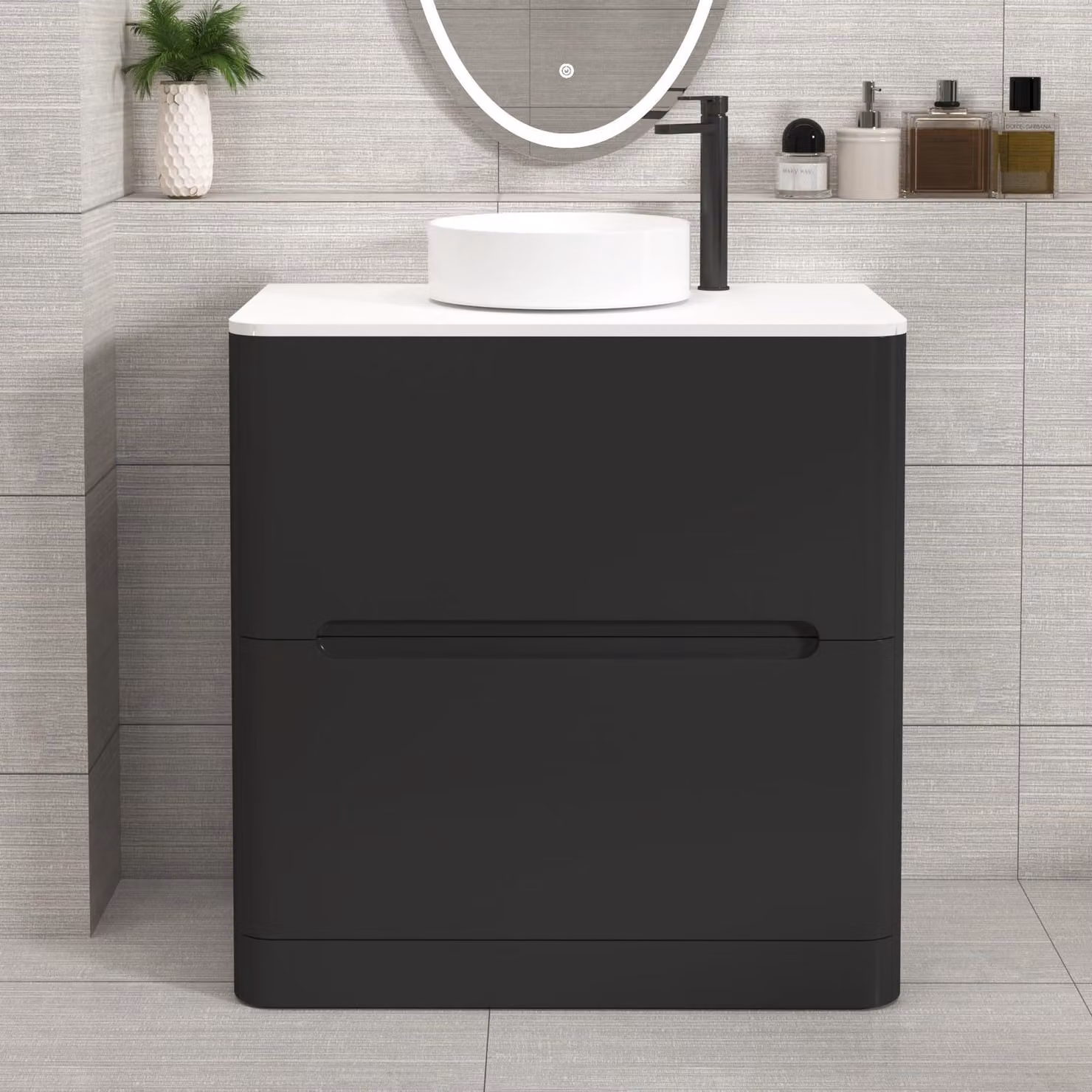 Royal Bathrooms Venice 800mm Matt Nocturne Black Floor Standing 2 Drawer Vanity Unit with Plain White Worktop and Art Basin