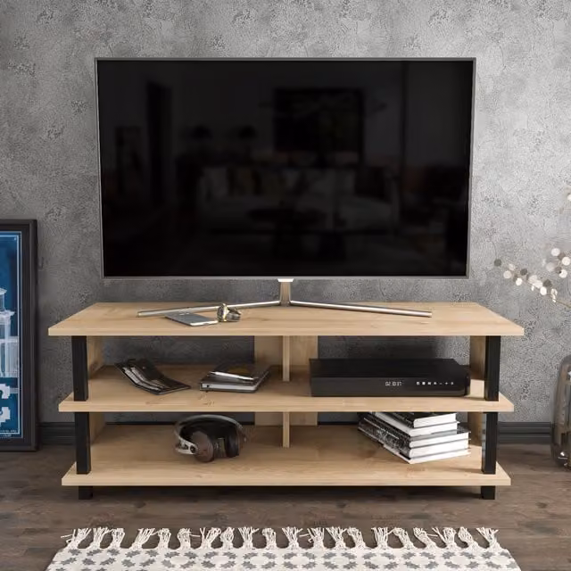 Decorotika Pueblo Modern TV Unit with Shelves in Black and Brown, W/D/H: 120 x 45 x 47 cm