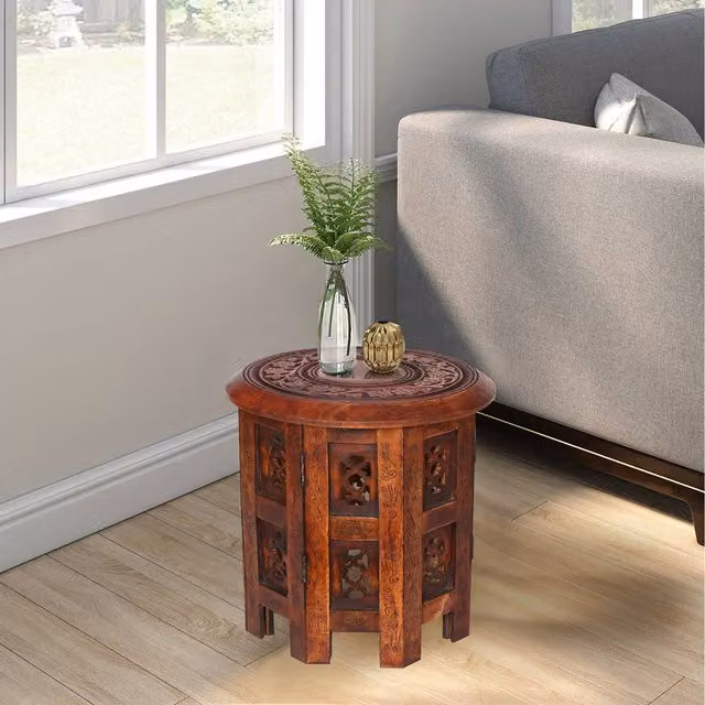 Topfurnishing Round Carved Wooden Coffee Bedside End Table in Red and Brown, Diameter: 30 cm