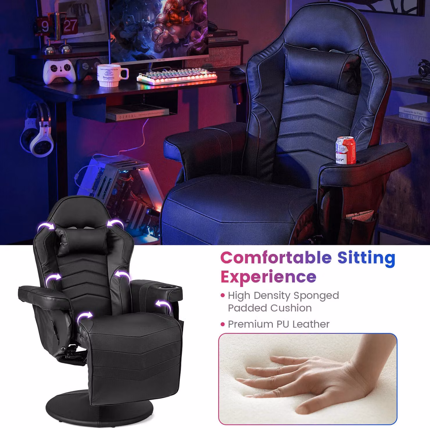 Gymax Black PU Leather Gaming Chair with Massage, Swivel Function and Adjustable Height – 5