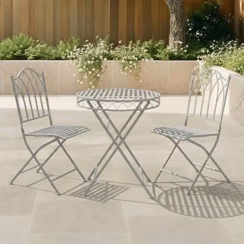 Charles Bentley Wrought Iron Metal Bistro Set with Rust Proof Finish in Grey