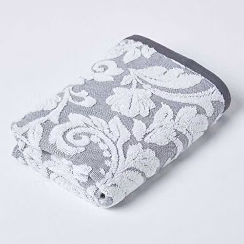 HOMESCAPES Luxury Silver Grey Damask Patterned Hand Towel, 100% Turkish Cotton, 600GSM