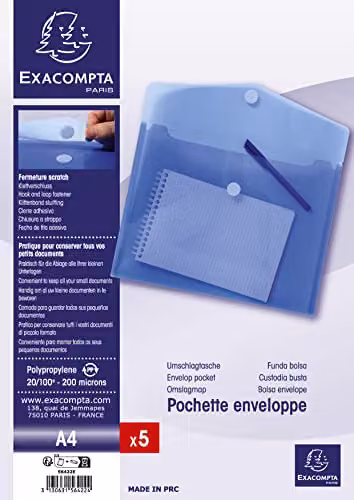 Exacompta Blue Translucent Polypropylene A4 Document Pocket Envelopes with Hook and Loop Closure, Pack of 5 – 2