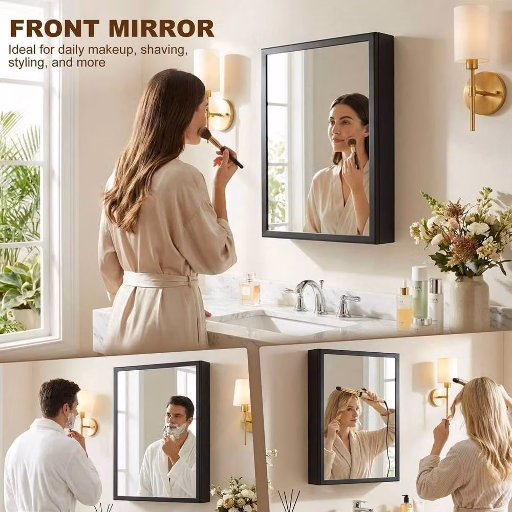 PAWNORA Modern Wall Mounted Black Bathroom Cabinet with Mirror and Internal Shelves – 5