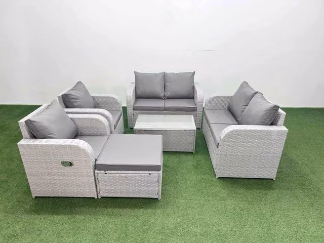 Fimous 7 Seater Rattan Garden Furniture Set with Reclining Love Sofa, Coffee Table and Ottoman in Light Grey