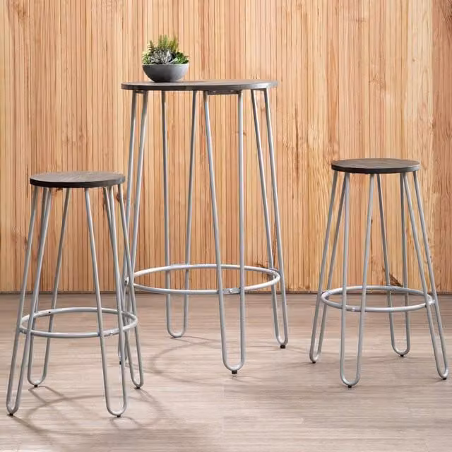 Orsina Set of 3 Modern Elm Wood and Metal Frame Bar Stools in Beige