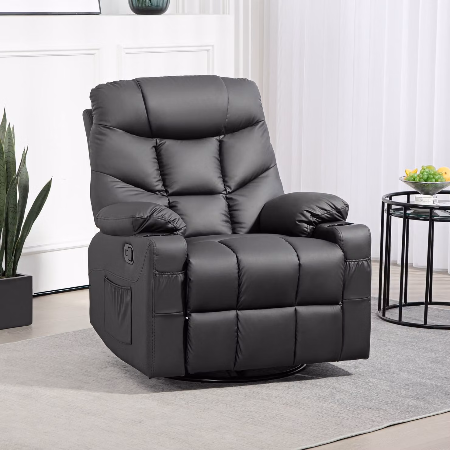 HOMCOM Manual Reclining Armchair with Swivel and Footrest in Black Faux Leather, H 102 x W 86 x D 93 cm – 2