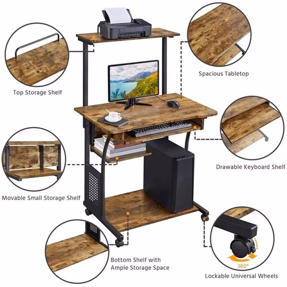 SPETLEK Rolling Computer Desk with Shelves in Rustic Brown and Silver – 2