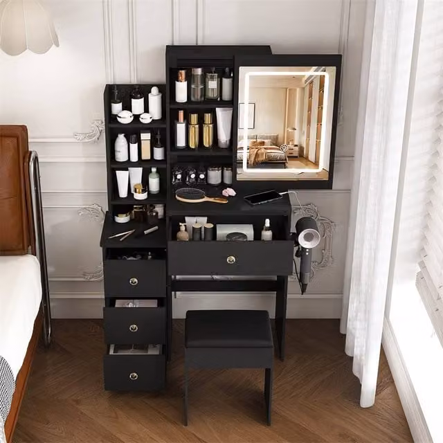 Direct Wicker Modern LED Vanity Desk with 4 Drawers, Power Socket and Dressing Chair in Black