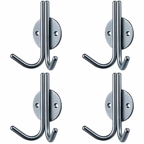 Loops 4 Pack Slimline Double Wall Mounted Coat Hooks on Round Rose in Satin Stainless Steel, 35mm Projection