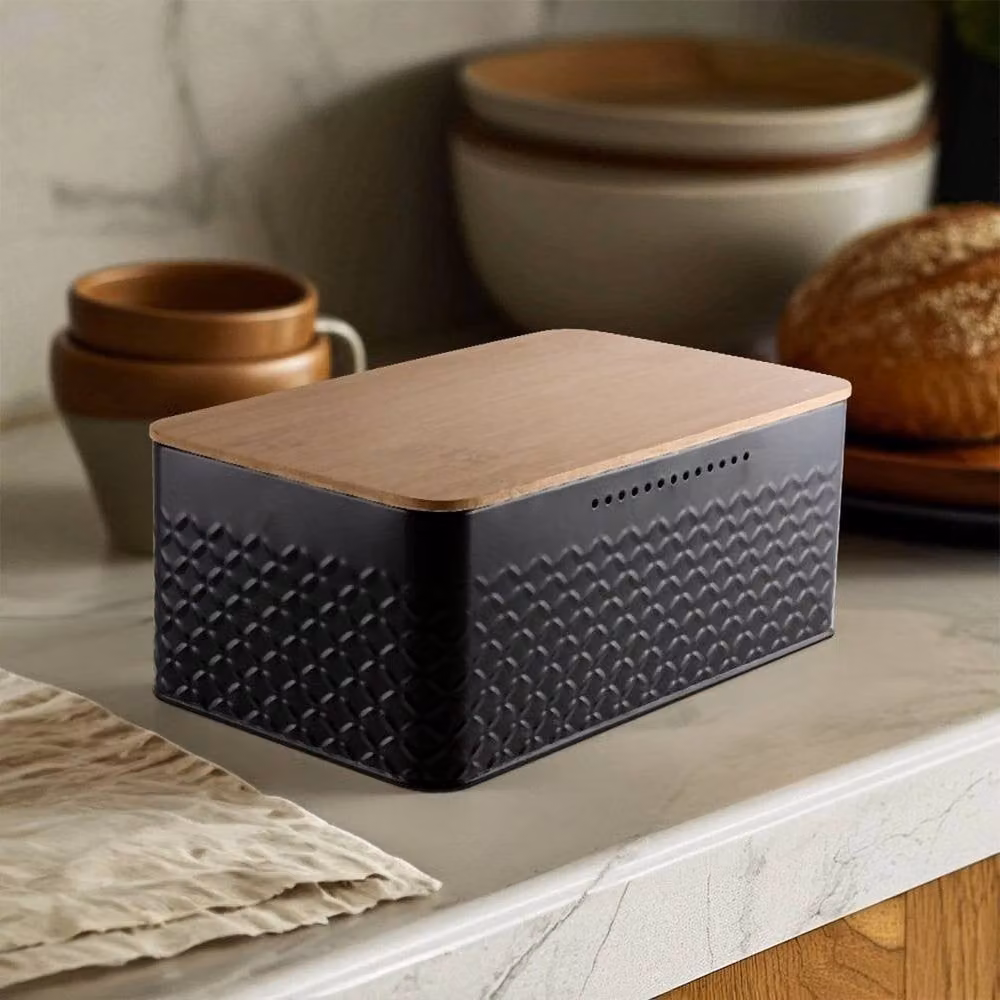 Kelvenix Black Embossed Metal Bread Bin with 2-in-1 Bamboo Lid Cutting Board – 4