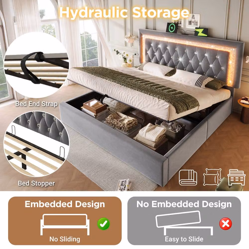 Matteo Grey King Size Velvet Upholstered Bed with LED Lighting and USB Charging Ports, W/D/H: 150 x 200 cm – 4