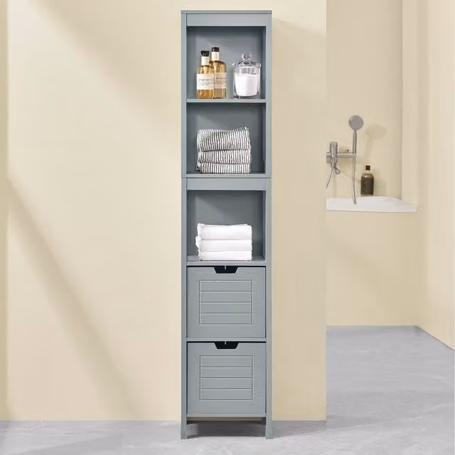 SoBuy Slim Tall Bathroom Storage Cabinet in Grey with 3-Tier Shelves and 2 Drawers, W/D/H: 30 x 30 x 144 cm