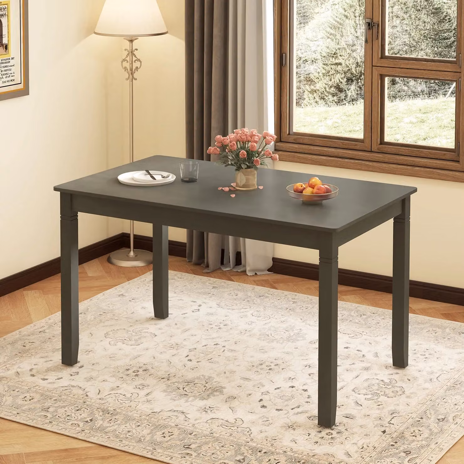 Gymax Rectangular Wooden Dining Table for 4 People in Grey and Black, W: 122 cm – 10
