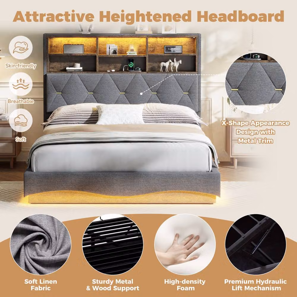 Matteo Double Grey Linen Upholstered Bed Frame with Hydraulic Storage, LED Lighting, Bedside Shelf and USB Charging Port, W/D/H: 140 x 200 cm – 5