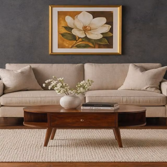 Artisan Furniture Mid-Century Oval Solid Wood Coffee Table with 1 Drawer in Brown