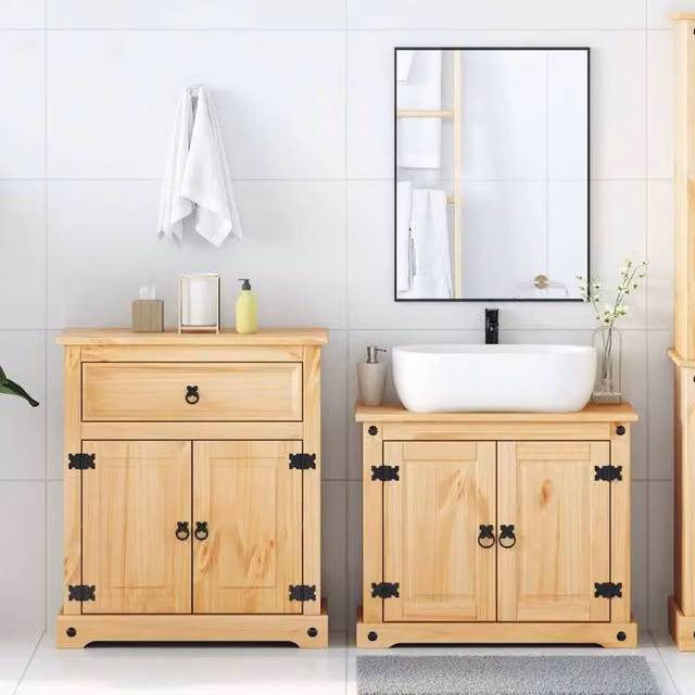 Berkfield Home Corona 2 Piece Rustic Solid Pine Bathroom Furniture Set in Beige – 1