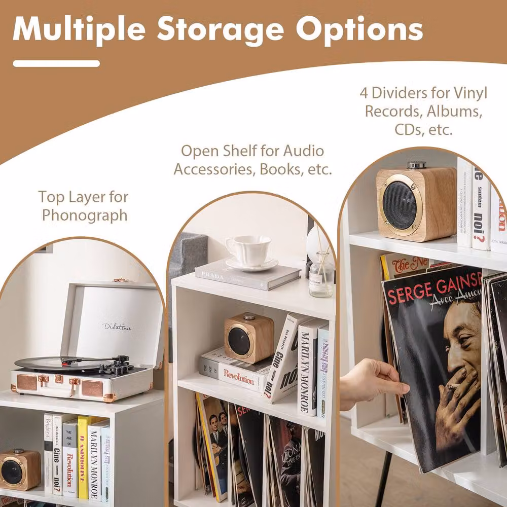 Gymax White Metal Turntable Display Shelf and Vinyl Record Player Stand with Media Compartments – 6