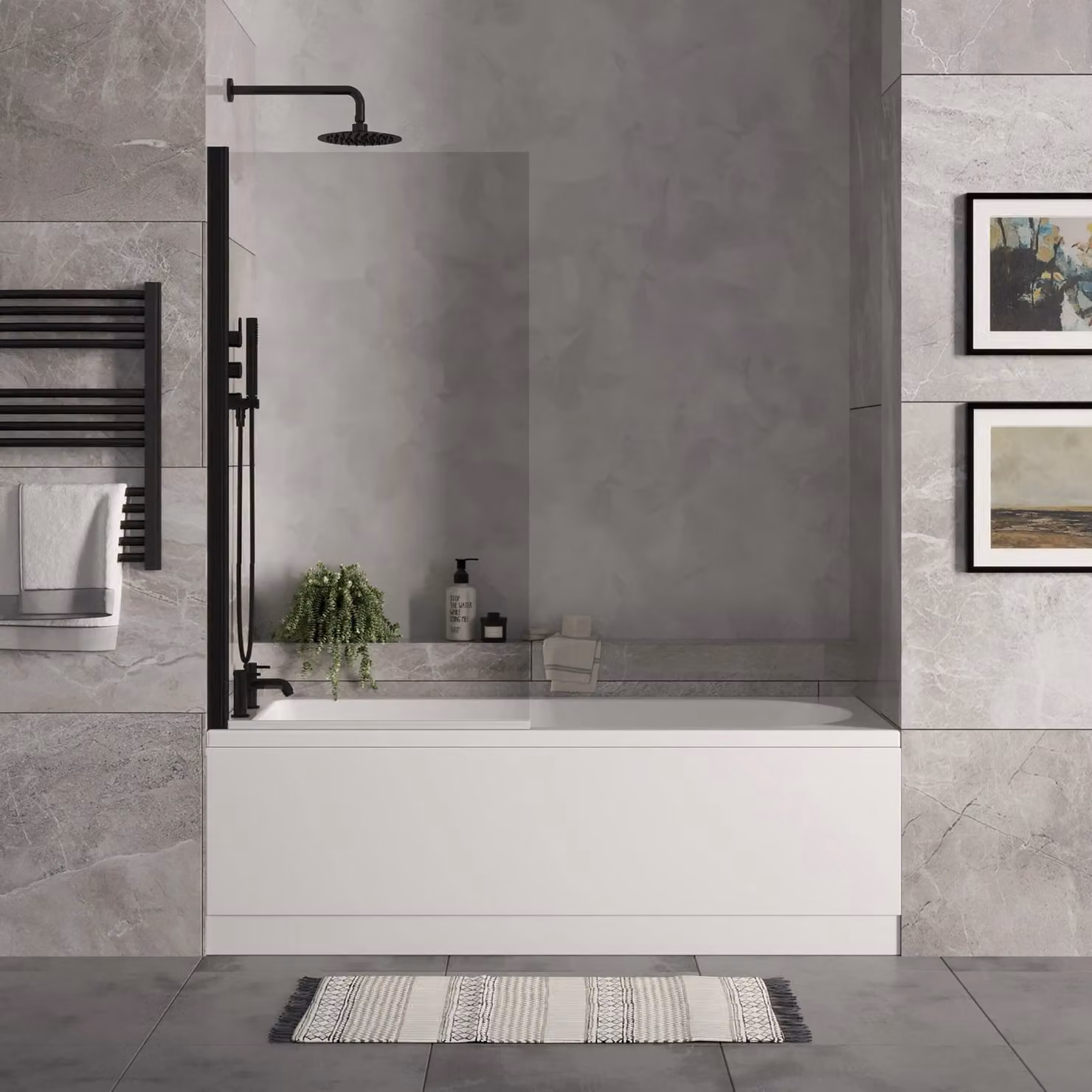Balterley Round Bath Set in White with Black Screen and Black Waste, W/D/H: 170 x 70 cm