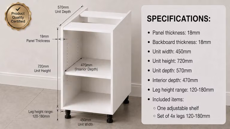 Cheap Furniture Warehouse White Matt Kitchen Base Unit with Internal Shelves, W/D/H: 45 x 57 x 72 cm