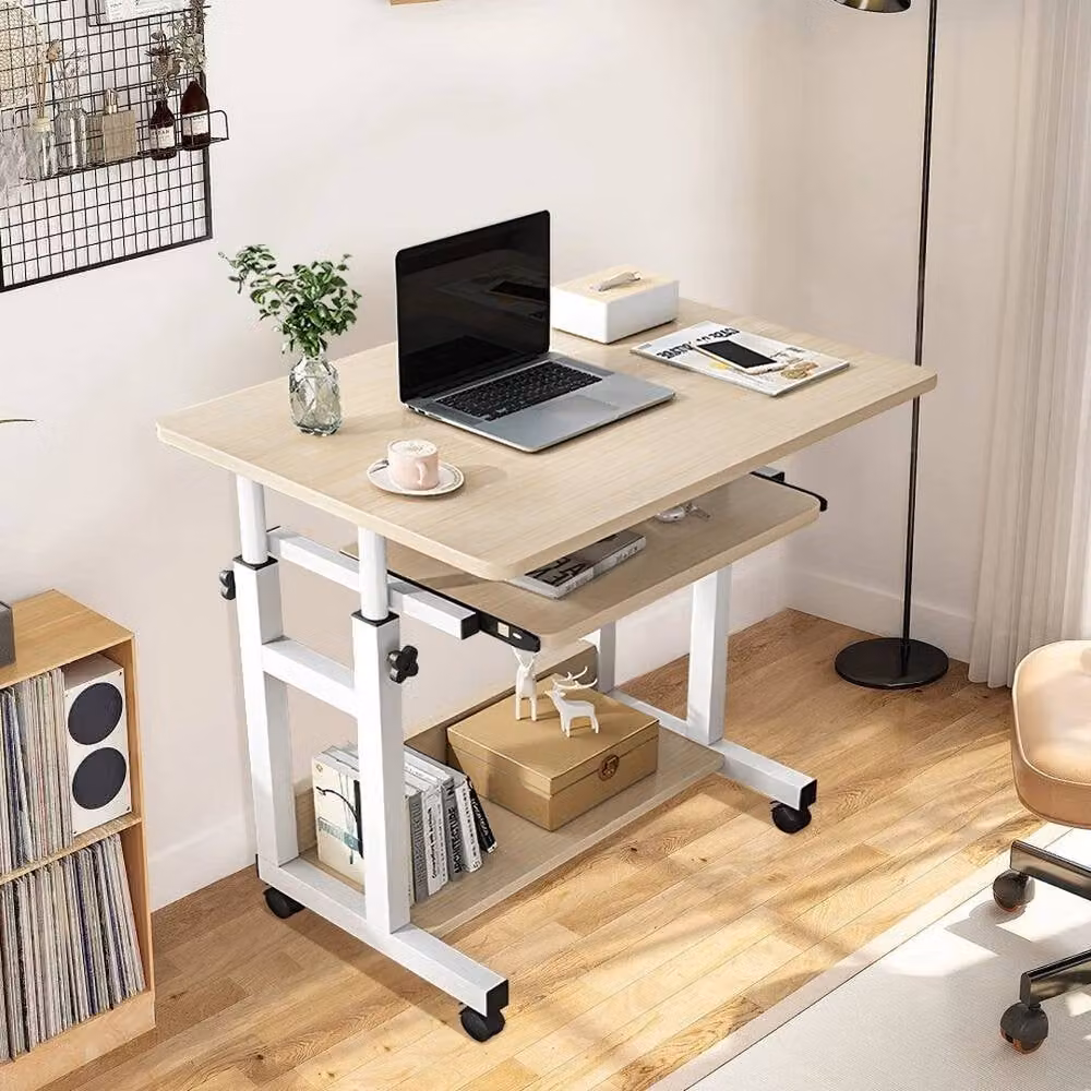 FORGEVIO Height-Adjustable Natural Wood and Metal Mobile Computer Desk in Brown – 3