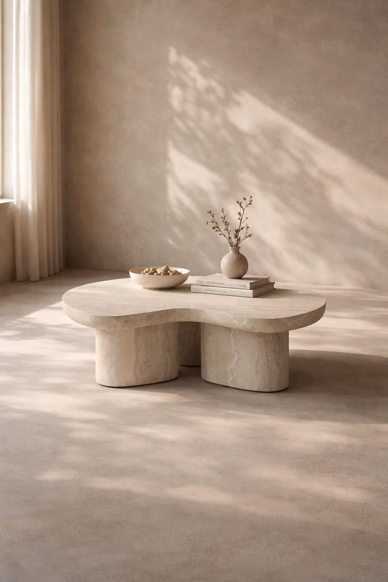 Tommy Franks Lilac Round Coffee Table in Beige Faux Travertine Composite, W/D/H: 90 x 90 x 30 cm