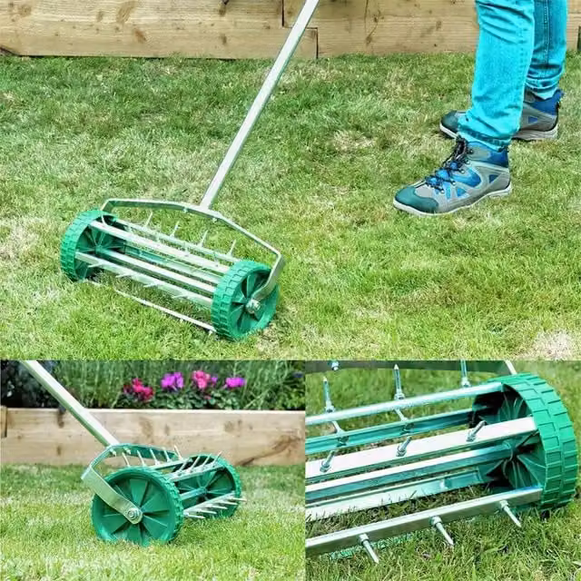 Nordara Green Gardening Lawn Aerator Grass Roller with 3-Level Adjustable Handle