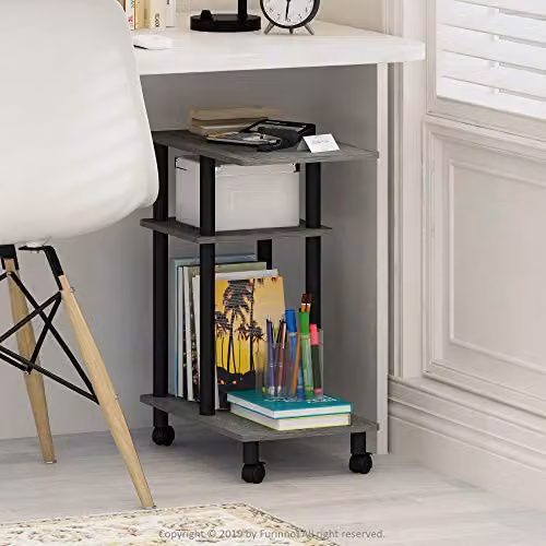 Furinno TURN-N-TUBE 3-Tier C-Shape Side Table with Wheels in French Oak and Black – 2