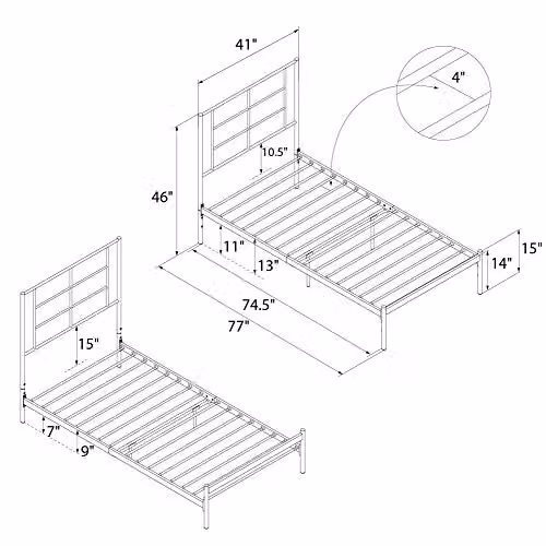 DHP Furniture Jensen Modern Metal Bed in Black, Single, W/D/H: 90 x 200 cm – 2