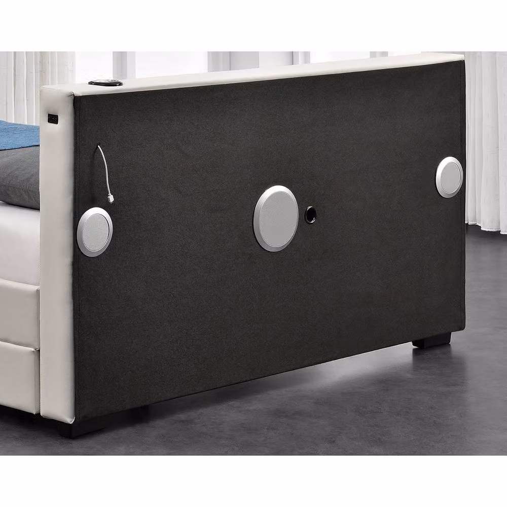 Harmin LUXURY White Double Bed with Upholstered Faux Leather Frame, LED Lighting, Bluetooth Speakers and USB Charging Port – 5