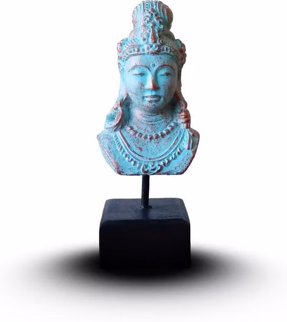 KDMD Lucky Java Princess Tabletop Ornament on Stand in Antique Green Copper and Turquoise Metal