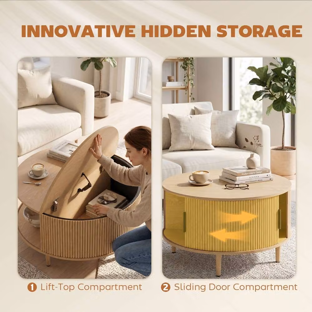 STILVORA Round Coffee Table with Lift Top and Storage in Brown, Beige and Multicolour, Diameter: 80 cm – 4