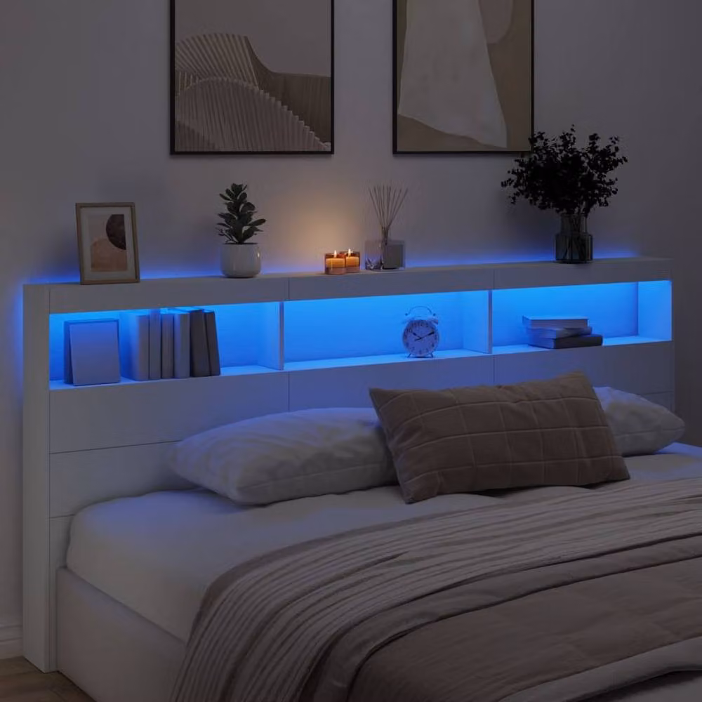Berkfield Home Modern White Wall-Mounted Headboard Cabinet with LED Lighting, Integrated Shelf and USB Charging Port, W/D/H: 220 x 17 x 102 cm – 3
