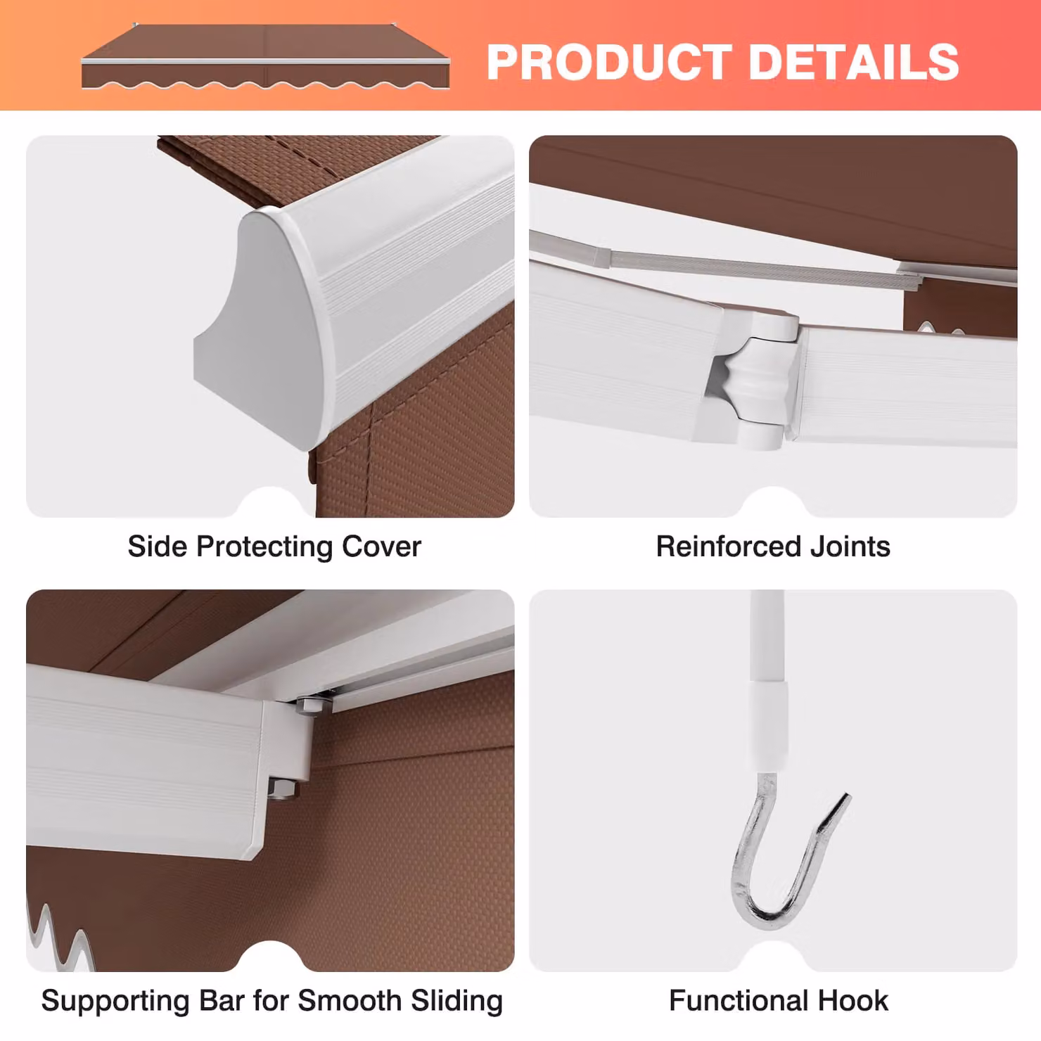 Costway Retractable Aluminium Patio Sun Shade with Crank Handle and Folding Arms, Brown – 3