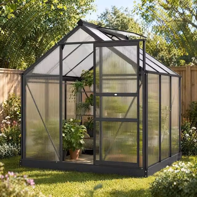 STILVORA Grey Aluminium Polycarbonate Greenhouse with Sliding Door, Window and Rain Gutter, W/D/H: 182.88 x 182.88 x 190 cm